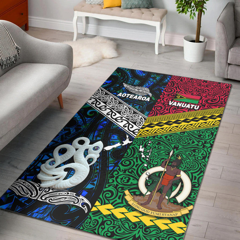 Blue area rug with Aotearoa and Vanuatu graphic, blue/green/red tribal patterns, white motif