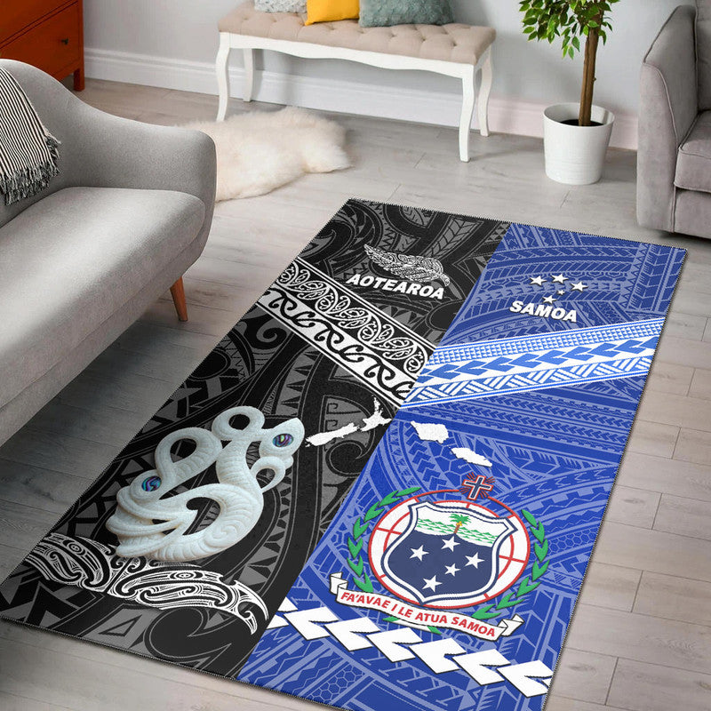 Black and blue tribal area rug pair with Aotearoa and Samoa designs