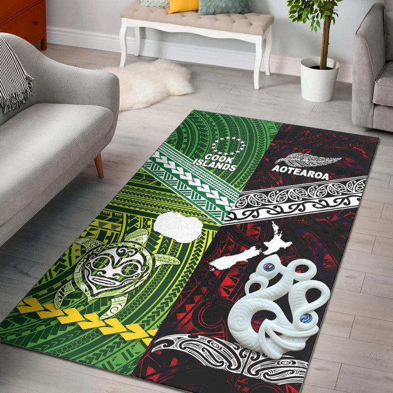 Red/green/black area rug with Polynesian patterns, white mask, and island text