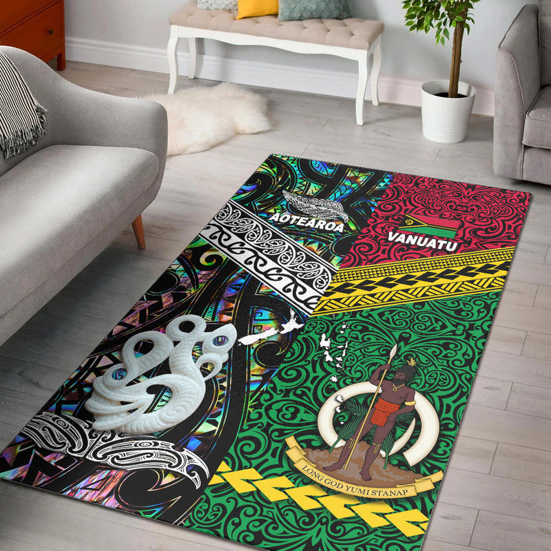 Paua Shell area rug with Aotearoa and Vanuatu tribal patterns, green, red, black, yellow