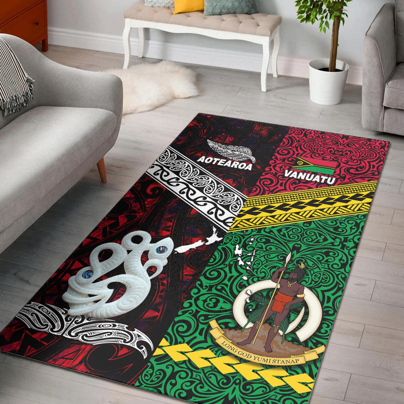 Red and black area rug with Aotearoa & Vanuatu tribal pattern