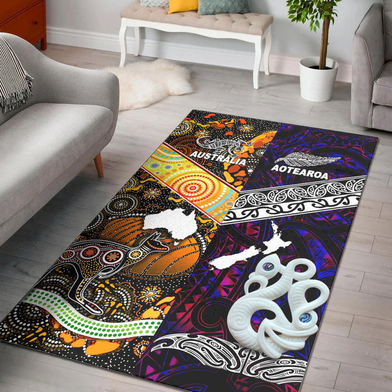 Purple Australia and Aotearoa area rug with kangaroo and eagle-style motifs