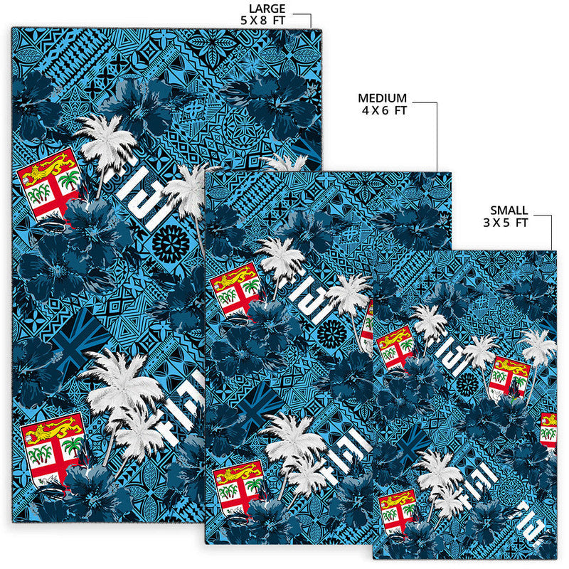 Blue tropical rug set in sizes 5x8, 4x6, 3x5 ft; palm leaves and flags pattern