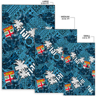 Blue tropical rug set in sizes 5x8, 4x6, 3x5 ft; palm leaves and flags pattern