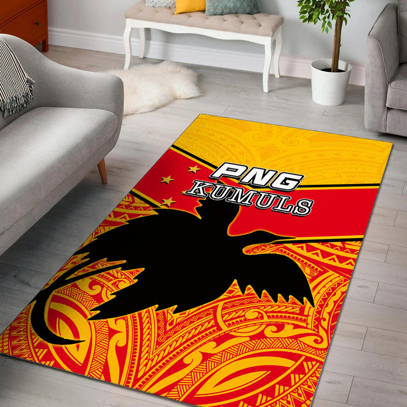 PNG KUMULS area rug, yellow top band with red stripe, black bird silhouette, tribal pattern