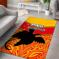 PNG KUMULS area rug, yellow top band with red stripe, black bird silhouette, tribal pattern