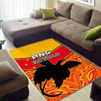 PNG KUMULS rug on living room floor, yellow-red border with black bird and red/orange designs