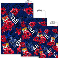 Hawaiian rug set: 5x8, 4x6, 3x5; blue with red hibiscus and palm print