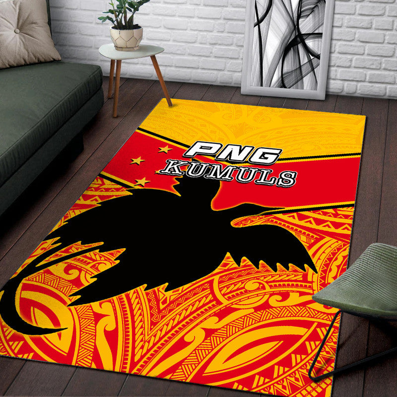 PNG KUMULS area rug, yellow upper section with red middle stripe and black bird motif