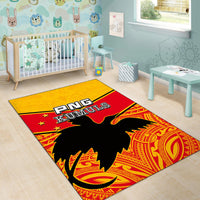 PNG KUMULS kids room area rug, yellow and red bands with black bird and patterned red trim