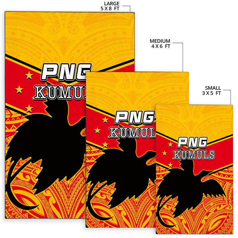 PNG KUMULS rug size chart: small 3x5 ft, medium 4x6 ft, large 5x8 ft