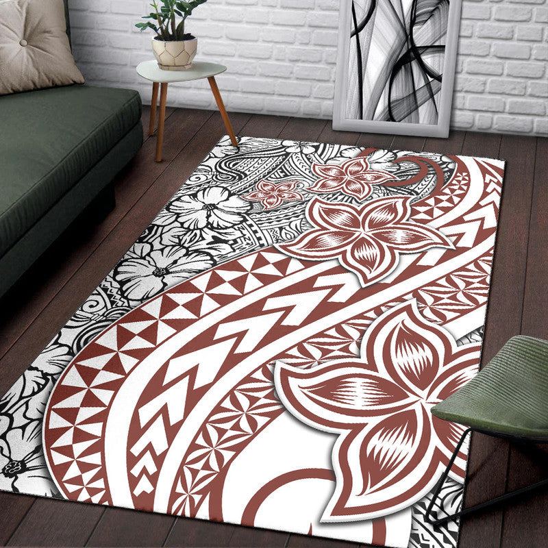 White, red, and black tribal area rug with floral and circular motifs