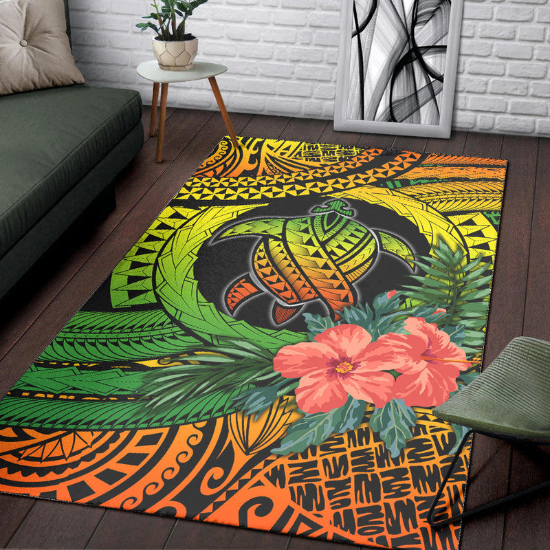 Tropical turtle and hibiscus area rug with green, yellow, and orange patterns