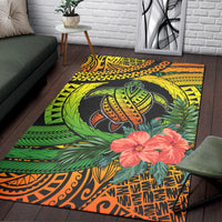 Tropical turtle and hibiscus area rug with green, yellow, and orange patterns