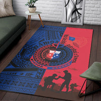 Blue and red Samoa-style independence rug with circular emblem, cross, and warrior silhouettes
