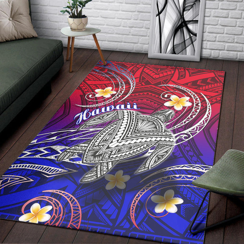 Hawaiian turtle plumeria area rug, red/purple/blue tribal pattern, gradient