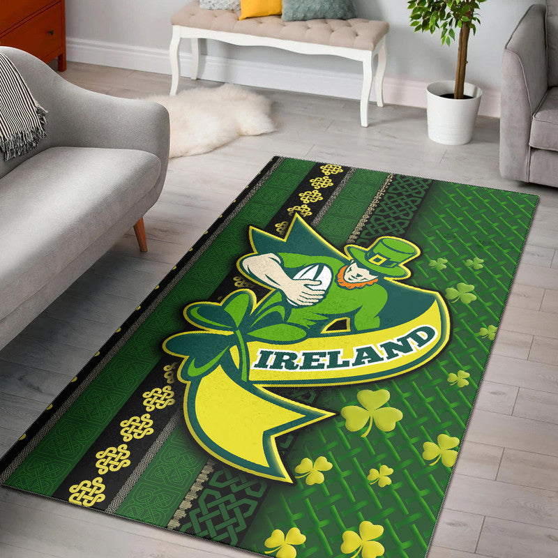 Green Ireland rugby area rug with Celtic knot border, clovers, and stylized shamrock emblem
