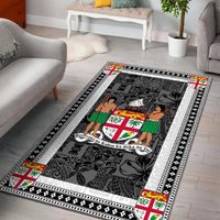 Fiji area rug with dark charcoal base, white border and decorative patterned frame