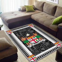 Fiji area rug in living room, dark charcoal pattern with white striped border
