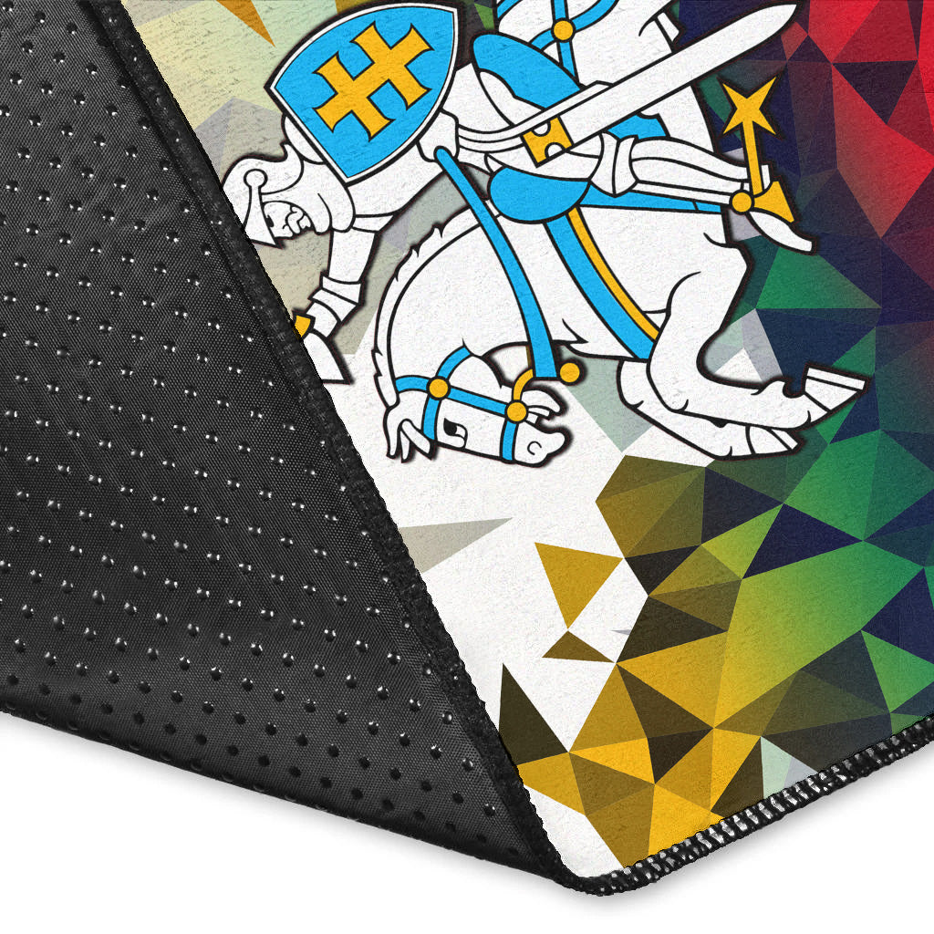 Close-up of Lithuania area rug corner: black backing, stitched edge, geometric knight artwork