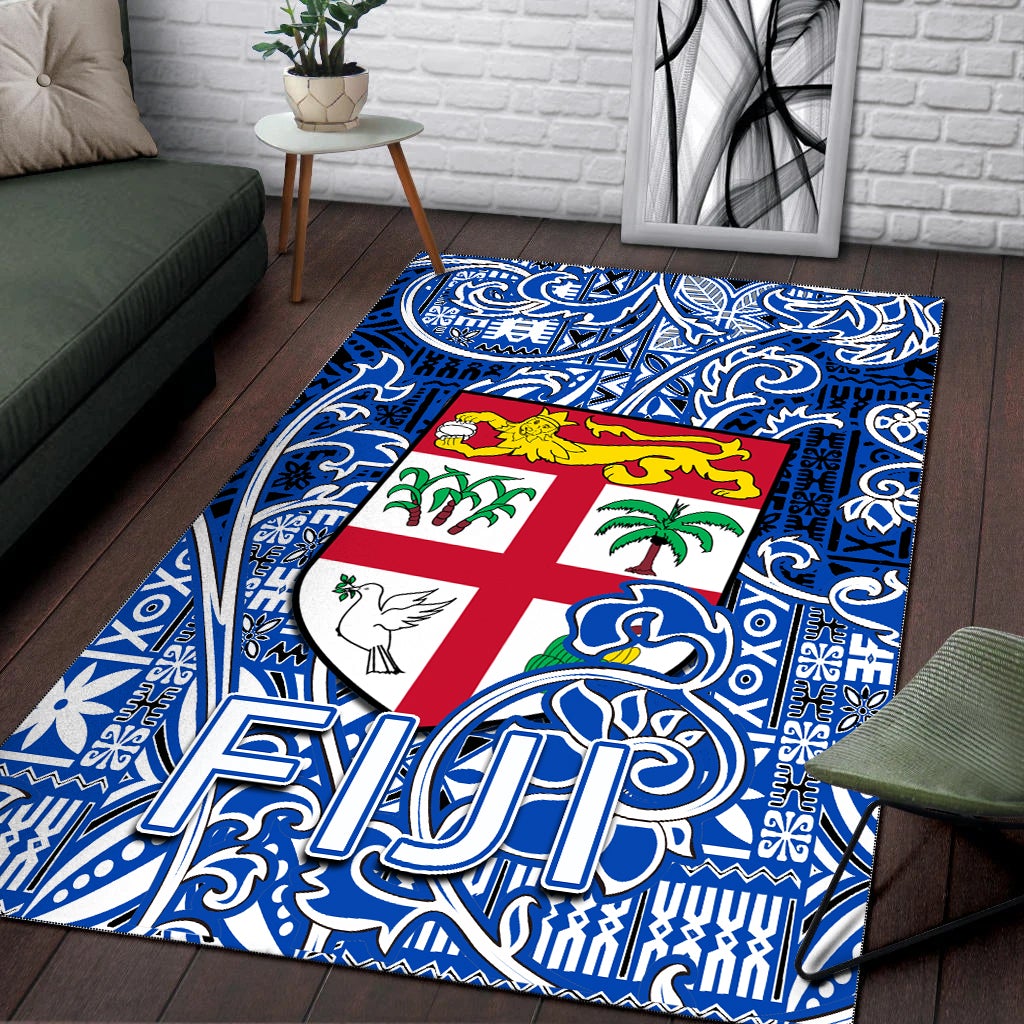 Blue Tapa-style area rug with Fiji flag center and decorative swirl border
