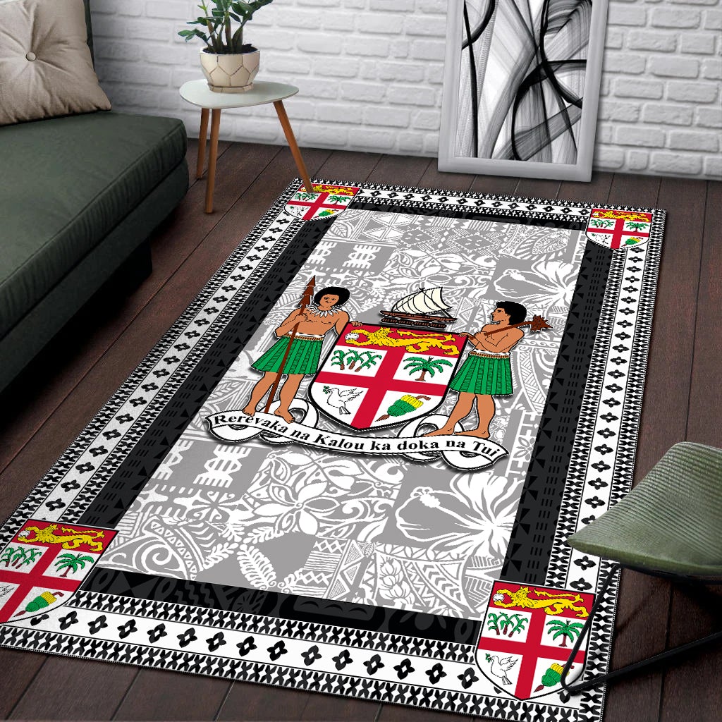 Fiji-style area rug, gray field with black stripe border and colorful crest corner accents