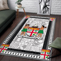 Fiji-style area rug, gray field with black stripe border and colorful crest corner accents