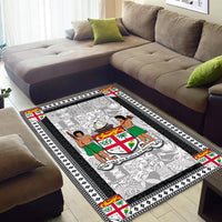 Black and white area rug with colorful crest squares and a large central graphic