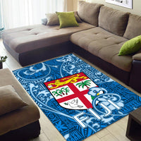 Blue Fiji area rug with tapa pattern border and big FIJI letters over a Fiji flag design.