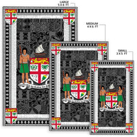 Fiji area rug sizes: large 5x8, medium 4x6, small 3x5; dark with white border