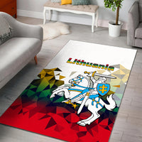 Lithuania area rug with geometric triangles, white border, blue-white knight and crest