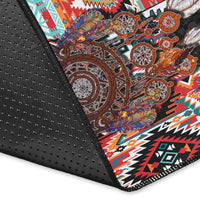 Corner close-up of black Native dreamcatcher rug with dotted texture and colorful pattern
