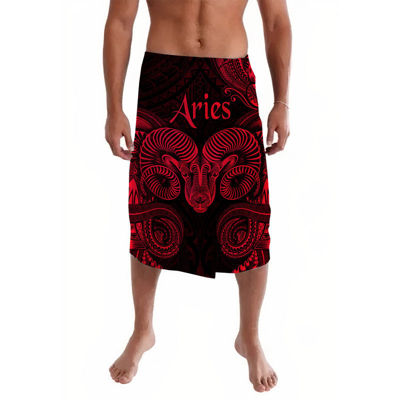Red lavalava wrap skirt with Aries zodiac ram graphic and tribal pattern