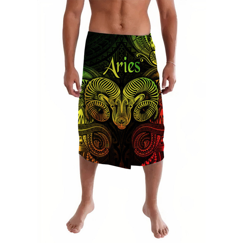 Aries zodiac lavalava wrap skirt with black base and colorful ram graphic, green yellow red