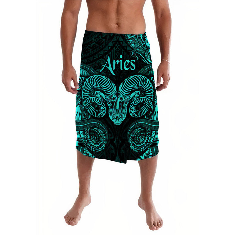 Turquoise lavalava with Aries zodiac ram graphic and black tribal pattern
