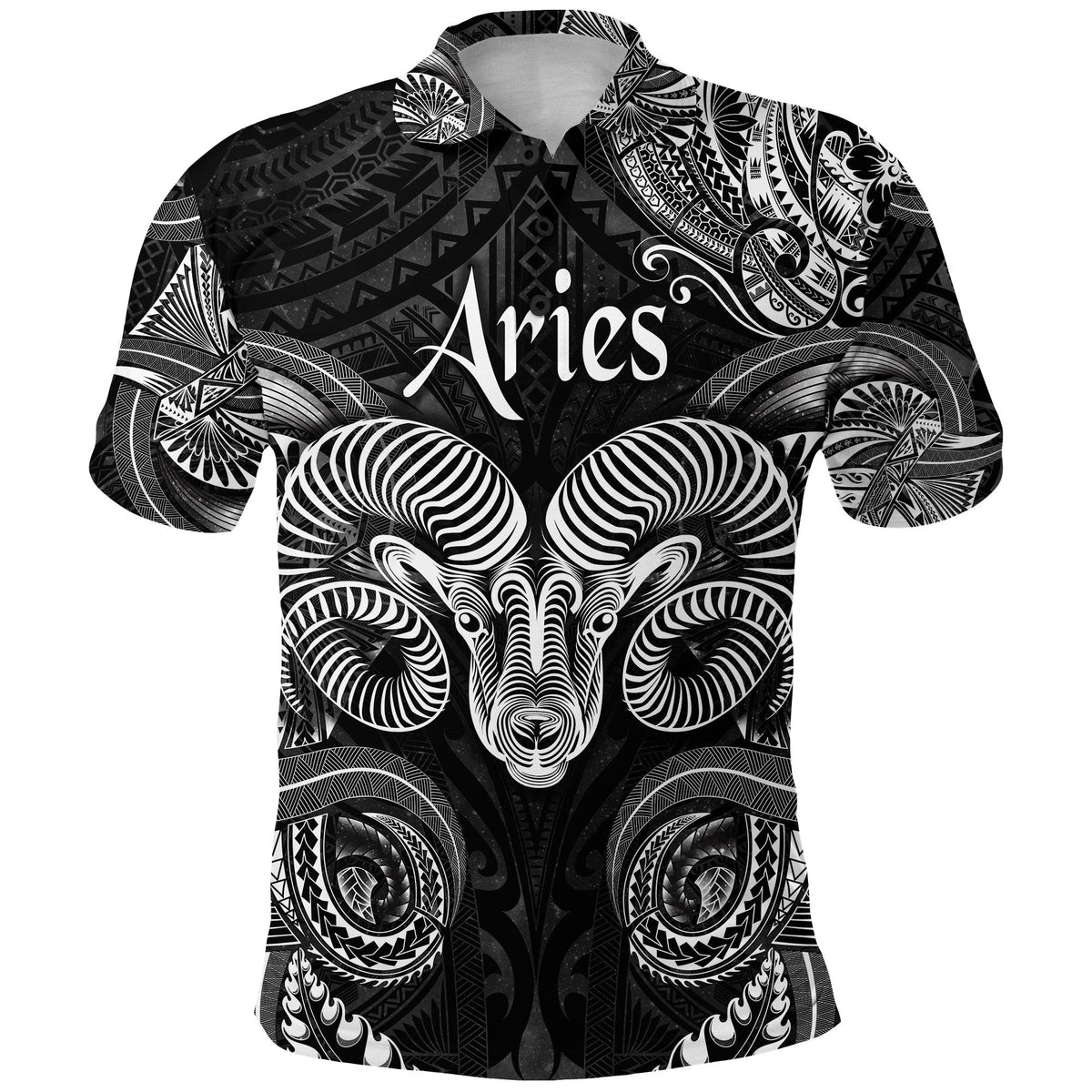 Black polo shirt with Aries logo and Polynesian ram graphic, short sleeves