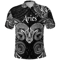 Black polo shirt with Aries logo and Polynesian ram graphic, short sleeves