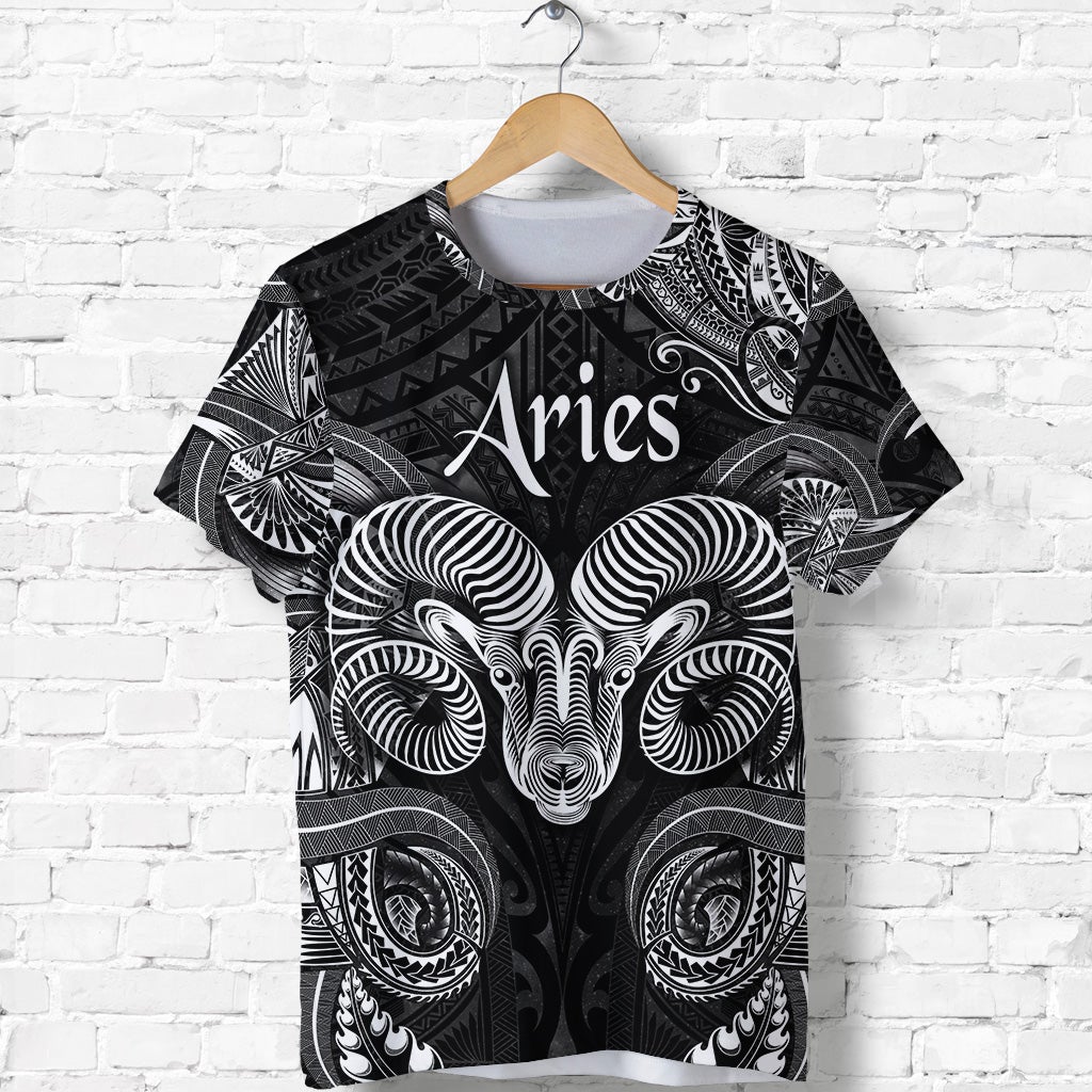 Black Aries zodiac T-shirt with Polynesian ram head graphic, short sleeves
