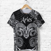 Black Aries zodiac T-shirt with Polynesian ram head graphic, short sleeves