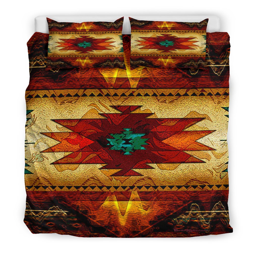 Colorful southwest bedding set flat view: patterned blanket with matching pillow shams