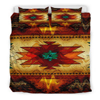 Colorful southwest bedding set flat view: patterned blanket with matching pillow shams