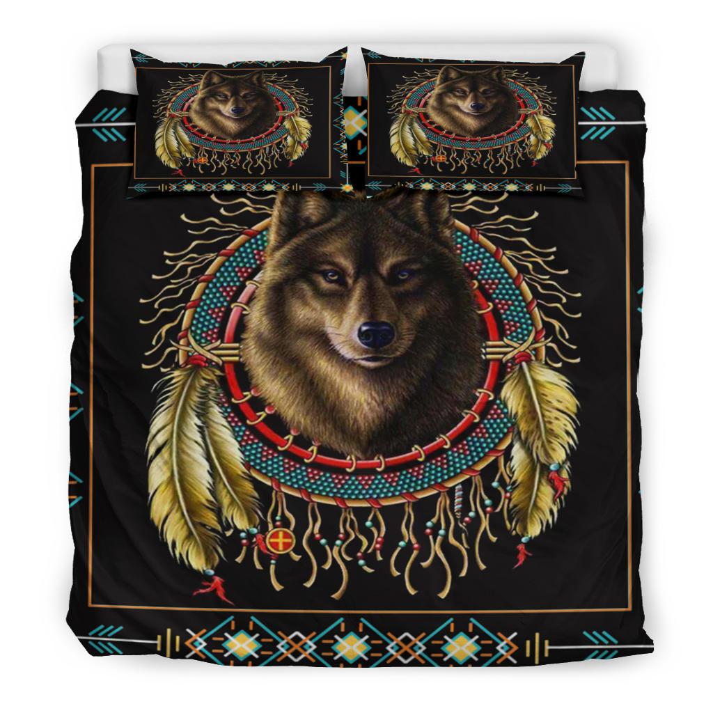 Black wolf dreamcatcher comforter with multicolor geometric trim and matching two pillow shams