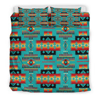 Teal native tribes bedding set with multicolor geometric layout on duvet and pillows