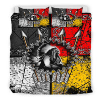 Chief Arrow bedding set, multicolor black red yellow; patchwork panels with feathers and arrows