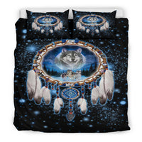 Wolf dreamcatcher comforter set with dark starry print and two pillowcases