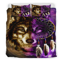 Purple wolf dreamcatcher bedding set with two pillows on a white bed