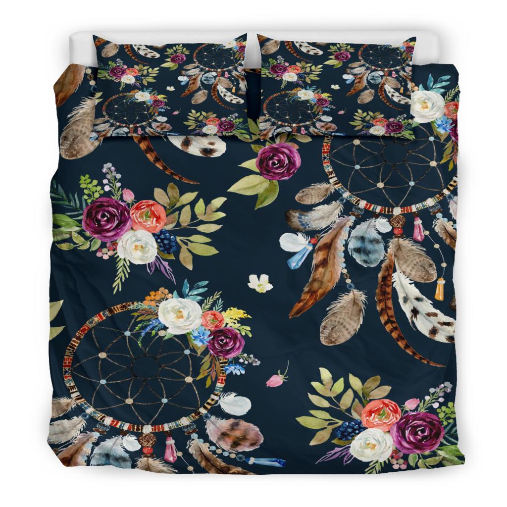 Navy dreamcatcher bedding set with floral feathers and dream hoops, two pillowcases