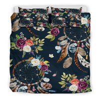 Navy dreamcatcher bedding set with floral feathers and dream hoops, two pillowcases