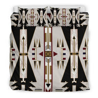 Native American bedding set with repeating arrow and totem motifs in black, white, and earth tones