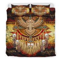 Duvet and pillowcases with multicolor dreamcatcher owl, beadwork, turquoise trim, feather clusters